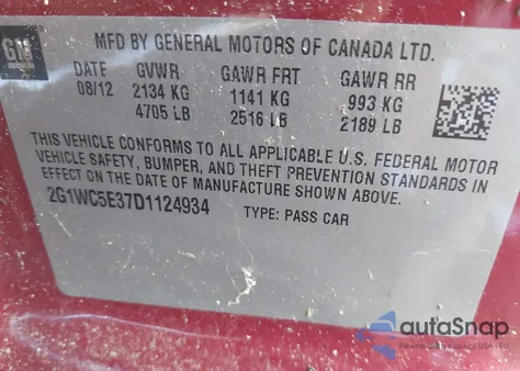 2013 Chevrolet Impala Ltz from USA, damaged, VIN 2G1WC5E37D1124934